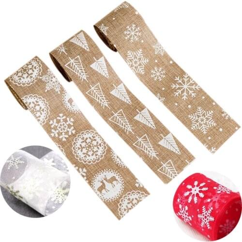 2M/5Y Merry Christmas Natural Jute Burlap Red Ribbon Christmas Tree Snowflake Lace Trims Tape Roll Vintage Rustic Wedding Decor