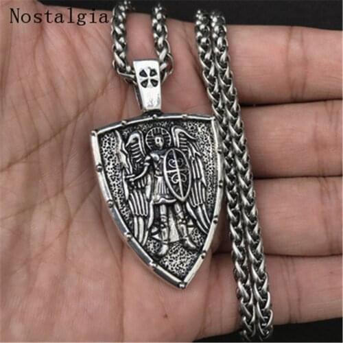Nostalgia Angel Shield Necklace Men Viking Warrior Archangel Michael Protection Amulet Russian Orthodox Cross Pendant Jewelry