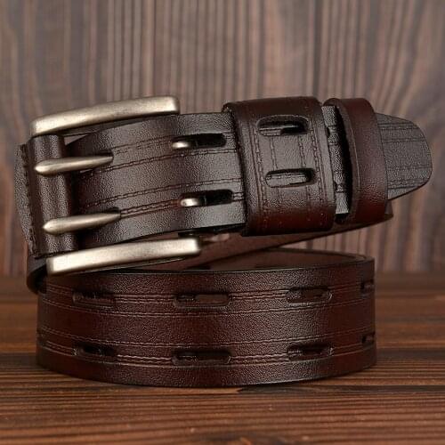 Drop shipping Cow leather mens belt male genuine leather strap luxury double pin buckle dress belts for men cintos masculinos