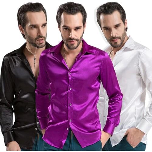 Luxury Shiny Silk Like Satin Fashion Men Dress Long Sleeve Shirts Wedding Groom Stage Prom Casual Button Male Shirt 2021 New