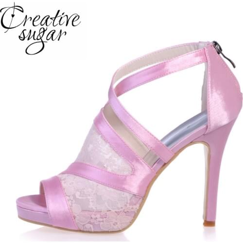 Creativesugr Sweet sandal crossed strap lace and satin heels platform Rome style see through shoes pink black white quinceanera