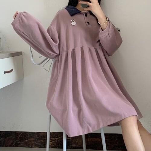 Japanese Preppy Style Long Sleeve Loose Dress Cute Cartoon College Style Purple High Waist Dresses