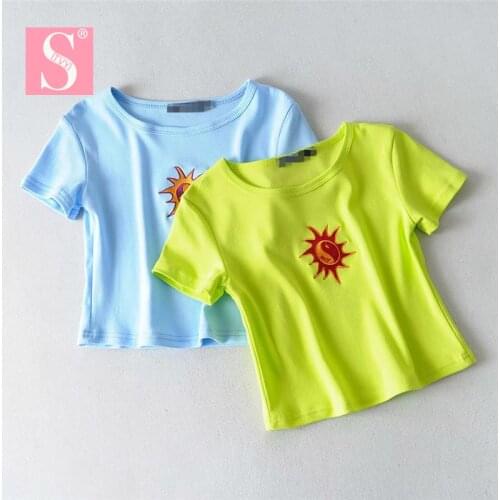 STVY Sun Embroidery O-neck T-shirts For Women 2019 Summer Sexy Short Slim Tops 100%Cotton Tee Shirt Femme