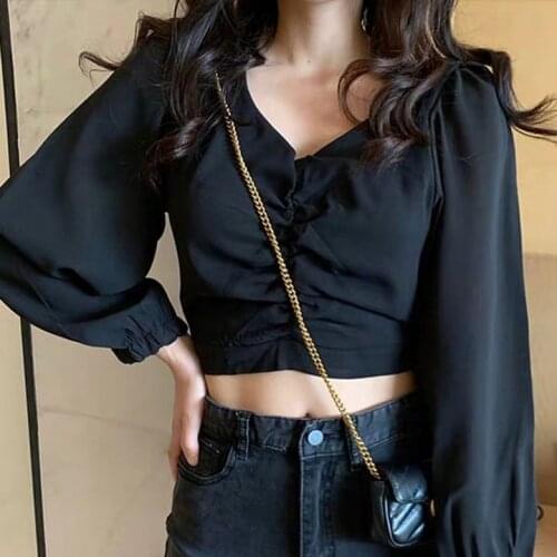 Womens Shirt New Korean Style Long-Sleeved Bubble Sleeve Short Black Slimming Top