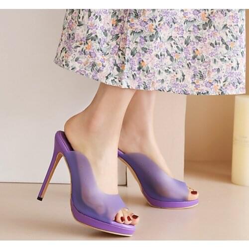 Womens Peep Toe Platform Clear Transparent Stilettos High Heel Slipper Shoes Candy Colors Watermelon Red Plus Size 50 New