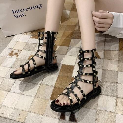2020 spring and summer Roman hollow sandals in the tube retro wild flat sandals rivets sexy fashion women sandals Z721