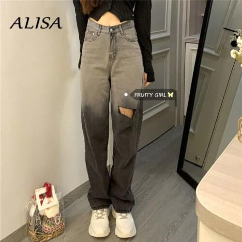 Women Vintage Ripped High Waist Jeans Fashion Baggy Wide Leg Pants Fashion Female Gray Gradient Denim Long Pants Fall