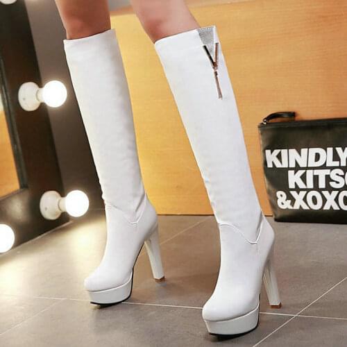 2020 Platform Square High Heel Women Knee High Boots Fashion Slip on Women Long Boots Winter Autumn Shoes Big Size 34-43