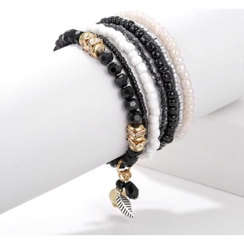 Boho Charm Seed Beaded Bracelets For Women Ethnic Leaf Crystal Beads Natural Stone Multilayer Bracelet &Bangle Wristband Jewelry