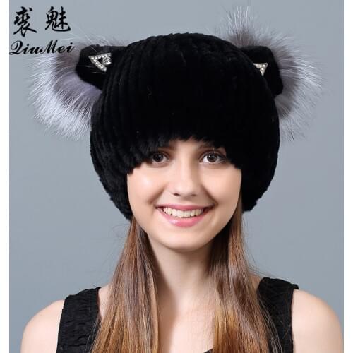 Winter Rex Rabbit fur Cute Cat Ears Cap With Sequins Warm Winter For Women Real Natural Rabbit Fur Vertical Weaving Winter Hat