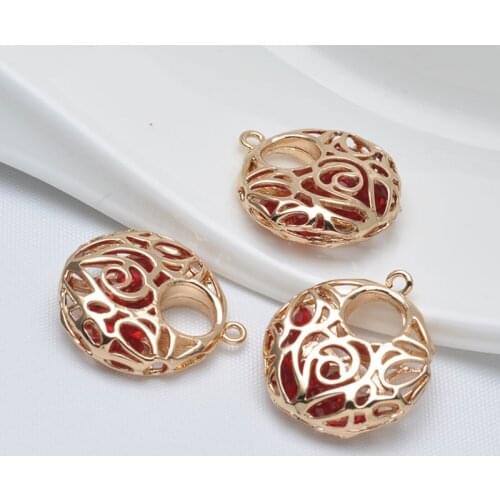4PCS 23.5x20.5MM 24K Champagne Gold Color Plated Brass with Red Zircon Hollow Round Rose Charms Pendants Diy Jewelry Findings