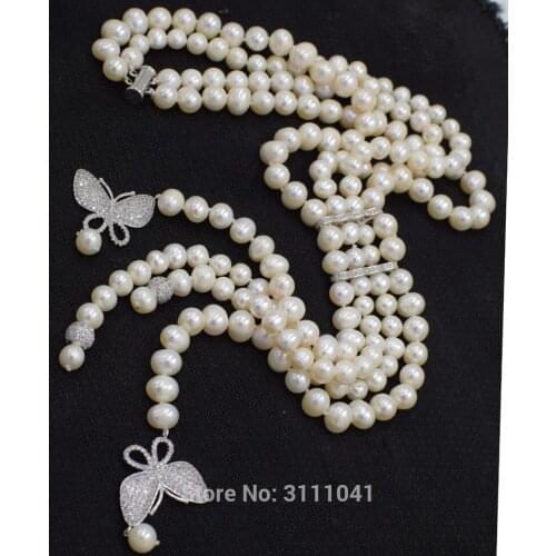 2rows freshwater pearl near round 8-9mm +butterfly pendant necklace 24inch FPPJ wholesale beads nature