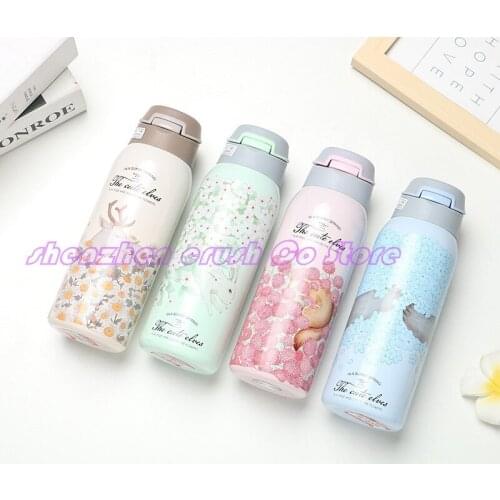 60PCS 450ML Sweet KidsFeeding Cup Floral Printed Toddler Infant Thermos Bottle Winter Keep Hot Water Bottle Children Lovely Cup