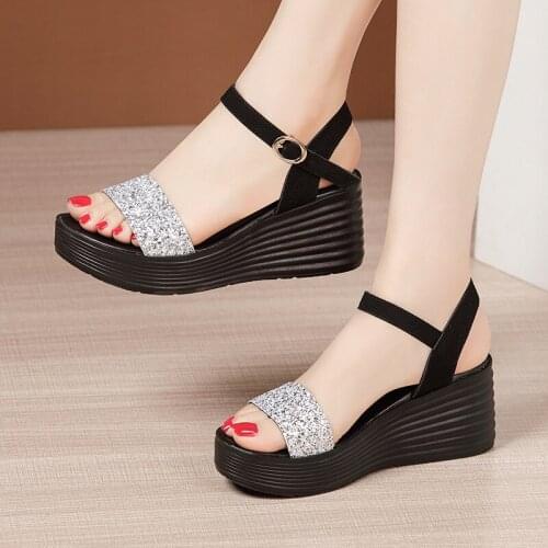 Ladies Black Platform Sandals Woman Summer Shoes For Women Wedge Sandals Female High Heel Fashion Rhinestone Dress Shoes 32-43