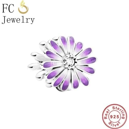 FC Jewelry Fit Original Charm Bracelet 925 Sterling Silver Purple Enamel Blooms Flower Daisy Bead For Making Women Berloque 2021