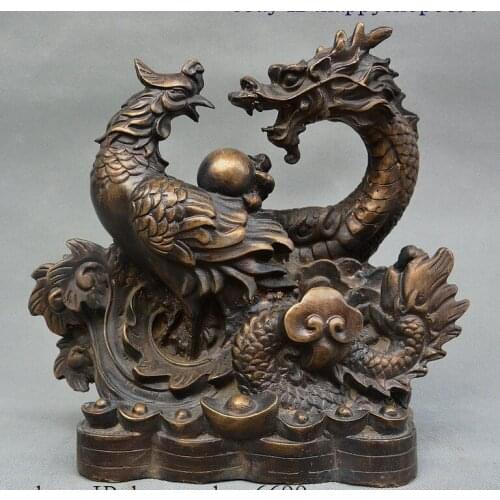 China Folk Bronze Pure Copper Fengshui Wealth Dragon Phoenix Yuanbao Coin Statue