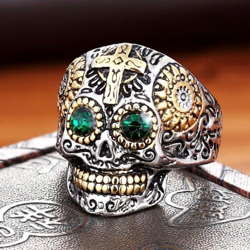 Stainless Steel Gothic Gold Carving Skull Mask Ring Biker Hiphop Rock Jewelry Unique Fashion Gift for Men