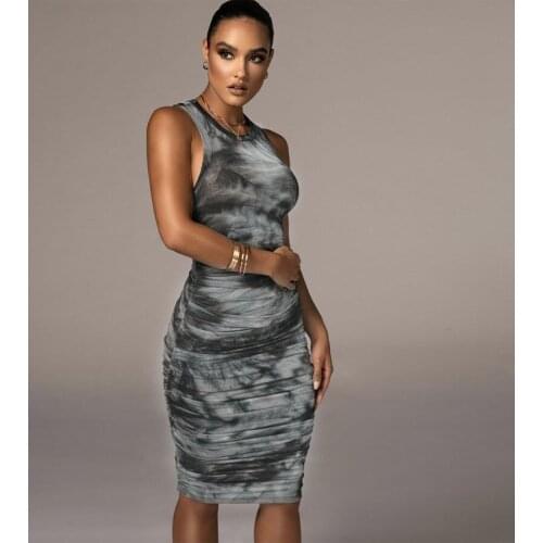 Summer Womens Sexy Bodycon Sleeveless Round Neck Fashion Tie-Dye Print Ruched Elastic Mid-length Skirt Slim Dress Women