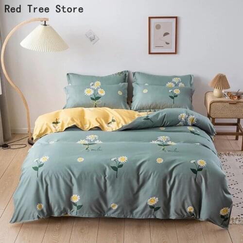 Little Daisy Green Bedding Set Simple Floral Duvet Cover Sets 3/4pc Bed Linens Unique Design Queen Pillowcase And Fitted Sheet