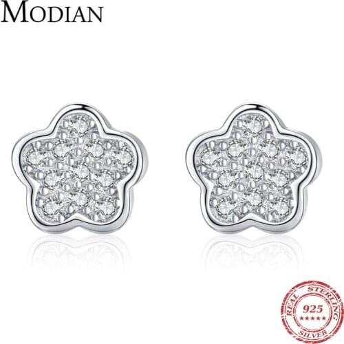 Modian Simple Full CZ Stud Earrings Fashion 925 Sterling Silver Flower Lovely Earring For Women Girls Party Accessories Jewelry