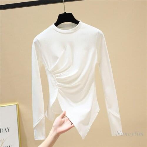 Long Sleeve Solid Color T-shirt for Women Round Neck Basic Shirts Inner Wear 2021 Spring Female All-Matching Tight Irregular Top