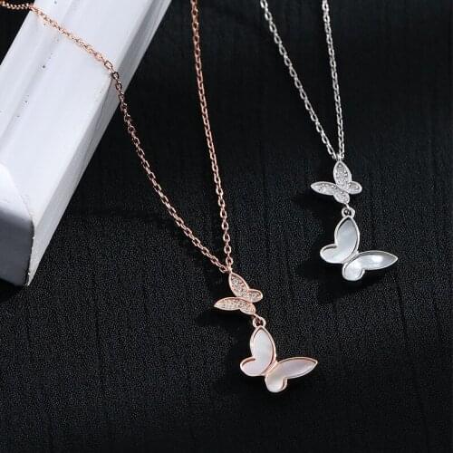 Butterfly Necklace 100% Real 925 Sterling Silver Shell and Zircon Double Butterfly Pendants Fine Jewelry for Women Girls