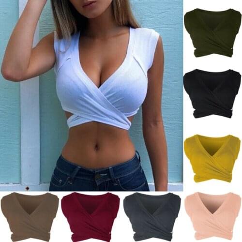 Summer Womens Cotton V-Neck Slim Crop Top Fashion Ladies Bandage Short Sleeve Camis Tees Tanks Bandeau Top Party Clothes Tops