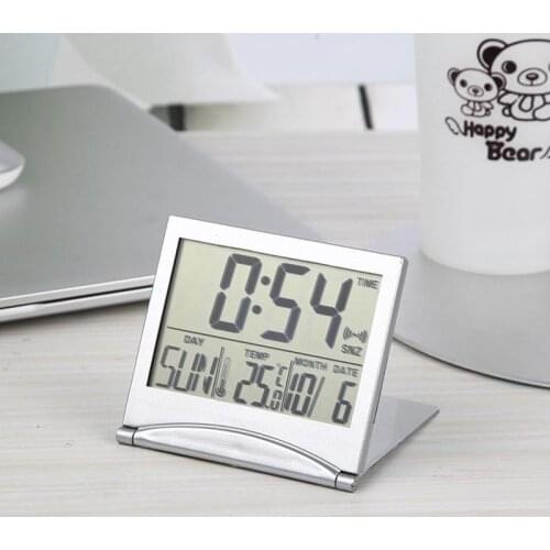 Ultra-thin Folding Alarm Clock Simple Lcd Luminous Display Temperature Perpetual Calendar Snooze Clock Timer Gray Wake Up Light