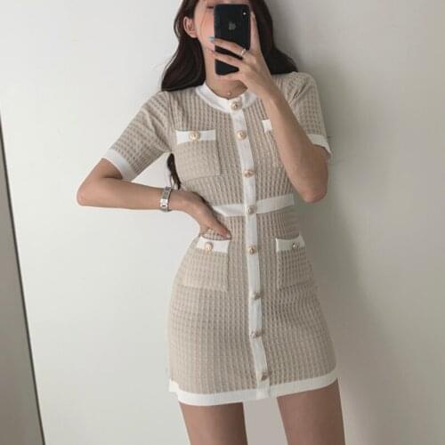 Vintage Knitted Dress Bodycon Short Sleeve O Neck Mini Vestido Korean Summer Sexy Party Elegant Black Mujer 2020 Chic Dresses
