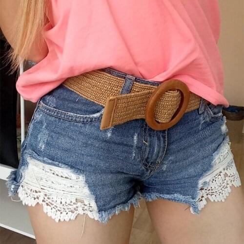 Vintage Bohemian Braided Belt Summer Round Wooden Buckle Women Belt Fake Straw Wild Female Waistband