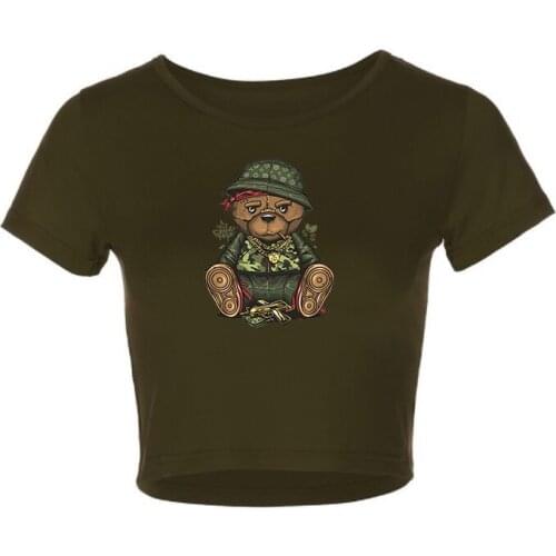 New Ladies Print Hat Bear Crop Top Slim Short Sleeves Casual Appliques Daily Tee