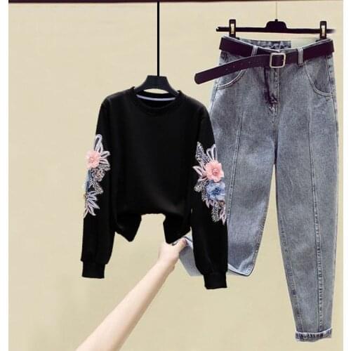 2021 New Autumn Hot Womens Fashion Embroidery Long Sleeve Top + Jeans Long Harem Pants Suit Female Casual 2 Pieces Set Q687