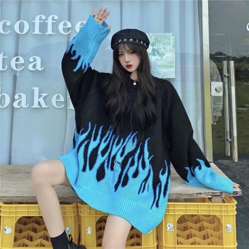 Cool Flame Knitted Sweater Women Autumn Winter Loose Sweaters Female Vogue Female Outfit Plus Size Pullovers Knitwear Tops