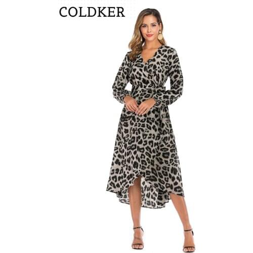 COLDKER casual long sleeve woman dress V neck Leopard pattern ladies cloth long clothing streetwear for female
