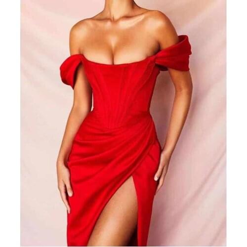 Autumn Sexy Off Shoulder Strapless Sexy Womens Dress High Waist Red Short Sleeve Split Femal Knee Length Dresses Vestidos