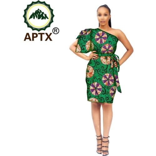 African Women Dress One Shoulder Dress Knee Length Ankara Style Party Floral Skirt Sexy Elegant Slash Neck Wax Pure Cotton Slim