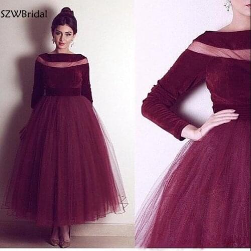 Ever Pretty Burgundy Arabic Evening Dresses abendkleider 2021 Tea length Long sleeve short evening dress Party abiye elbise