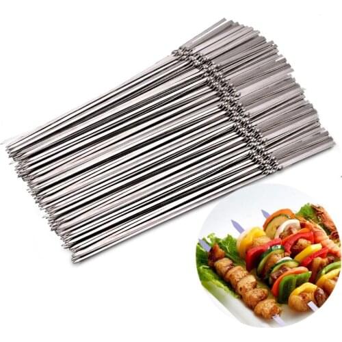 10PCS Reusable Flat Stainless Steel Barbecue Skewers BBQ Needle Stick Outdoor Indoor Camping Picnic Baking Tool Kitchen Supplies