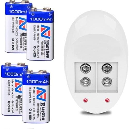 4 pieces! 1000mAh 9V Li-Ion Rechargeable 9 Volt Rechargeable Lithium Battery+1 smart charger