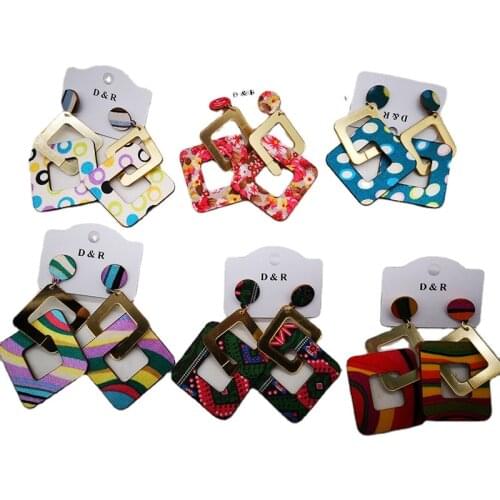 Free shipping!newest Square acrylic Fabric drop wooden stud earrings can mixed 6 colors