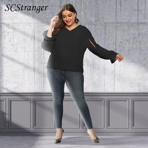 Plus Size Women y2k Top Fat Mm Spring Summer Solid Color V Neck Ripped Puff Sleeve Loose Long Sleeve Chiffon Shirt футболка