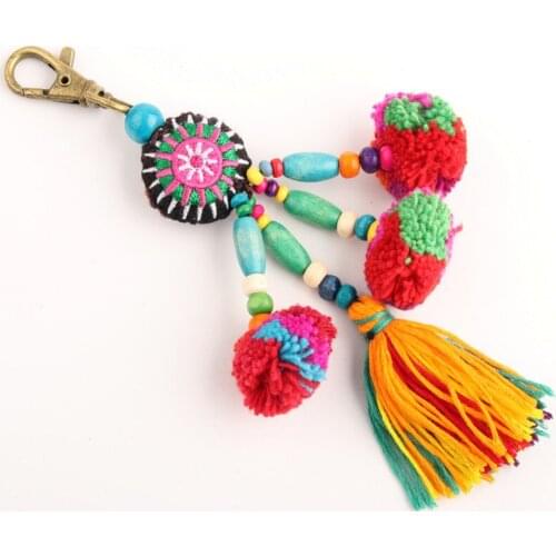 Bohemian Wooden Beads Tassel Key Chain Women Bag Hanging Ornament Automobile Hanging Ornament