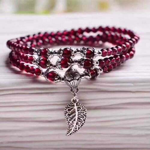Wholesale Wine Red Garnet Natural Stone Bracelets Beads Tibetan silver Leaf Pendant Women Beauty Bracelet Multilayer Jewelry