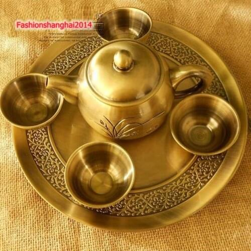 Kung Fu Tea Set Cup Plate Tray Teapot Pure Brass Genuine Upscale Gift