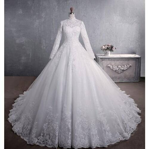 2021 A-Line New Elegant High Neck Tulle Lace Vintage Long Sleeve Court Train Sheer Wedding Gown Wedding Dress White