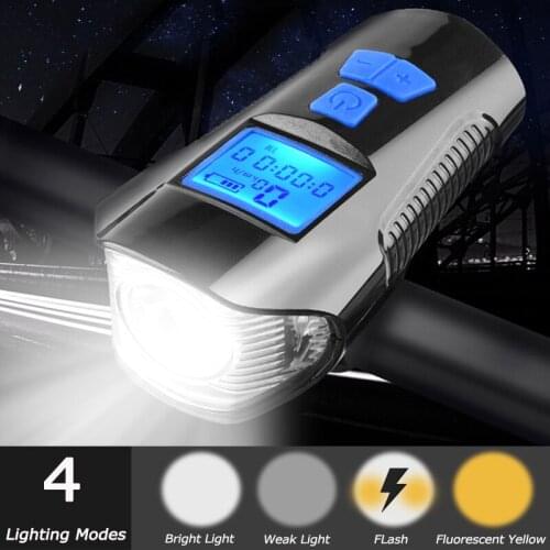JLETOLI Waterproof Bicycle Light USB Charging Flashlight Cycling Front Light Bike Speedometer 6 Mode Horn Light Bike Headlight