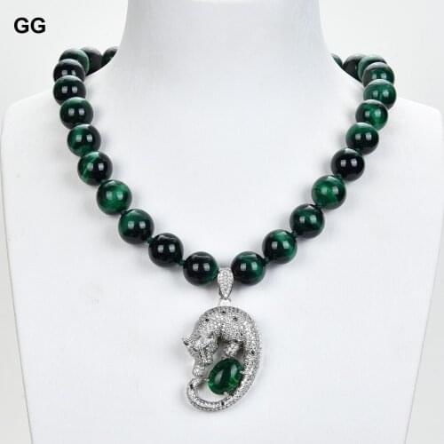 GuaiGuai Jewelry 14mm Round Green tigers eye CZ Pave Necklace Pendant 18