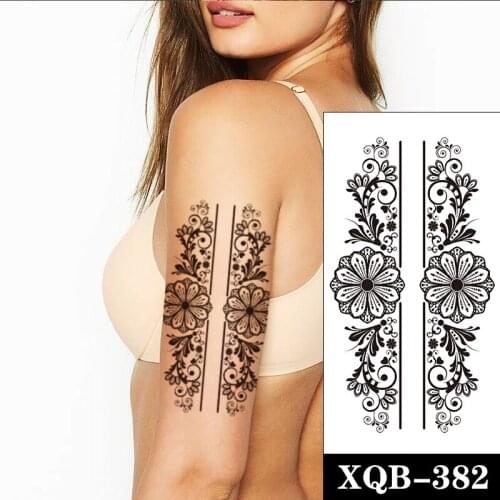 Hannah Style Temporary Tattoo Stickers Black Sanskrit Flowers Totem Fake Tattoos Waterproof Tatoos Arm Large Size for Women Men