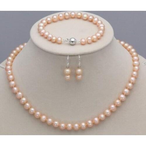 Beautiful 7-8mm Natural Akoya Freshwater Pearl Necklace Bracelet Earrings pink