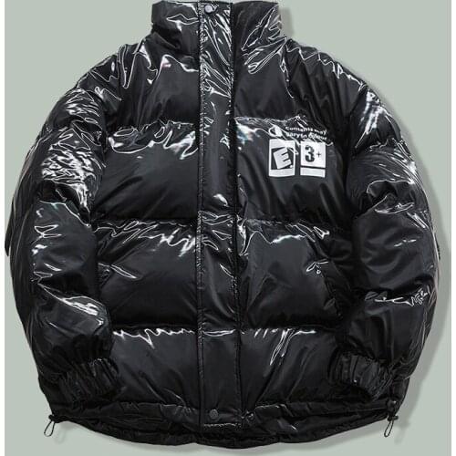 Hip Hop Hipster Letter Printing Glossy Parka Men Harajuku Streetwear Loose Bubble Parkas Men Winter Thicken Couple Unisex Jacket